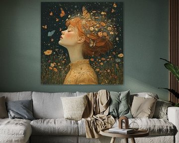 Femme fleurs | Femme endormie entre fleurs et papillons