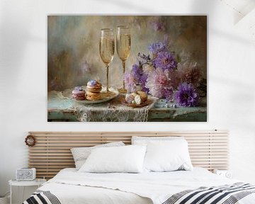 Fleurs et champagne - Nature morte élégante et rêveuse