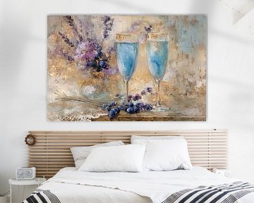 Coupes de champagne et lavande - Œuvre d'art mystérieuse