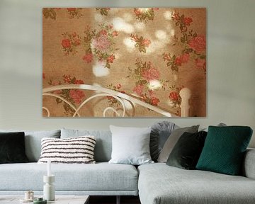 Retro wallpaper mural with rose pattern, bathed in warm sunlight with soft bokeh highlights by Besa Art