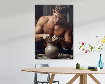 Shirtloze man die kleivaas vormt op pottenbakkersschijf van Markus Gann