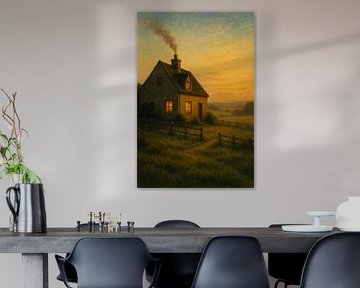 Engels platteland bij zonsondergang - Edward Hopper geïnspireerde landschapsafdruk