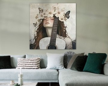 Fleurs Paix | Femme sereine avec guitare et fleurs