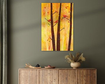 Vögel in einem Herbstwald Papiercollage von Karen Kaspar