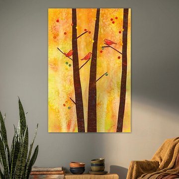 Vögel in einem Herbstwald Papiercollage