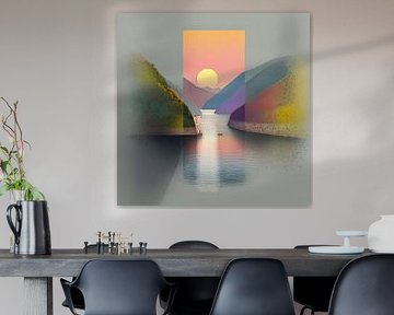 Paysage avec montagnes et lac en couleurs néon