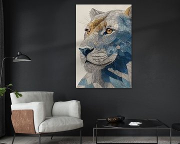 Lionne en mosaïque d'étain et de nuances de bleu