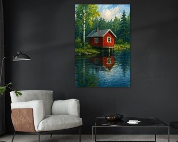 Red wooden house by the lake (AI) (cabin, tiny house, Scandinavia, nature, forest, peace and quiet) by Natalie Bruns