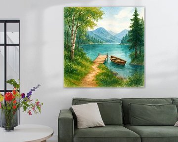 Silence sur un lac scandinave (AI) (bateau, jetée, nature, paix, montagnes, Norvège) sur Natalie Bruns
