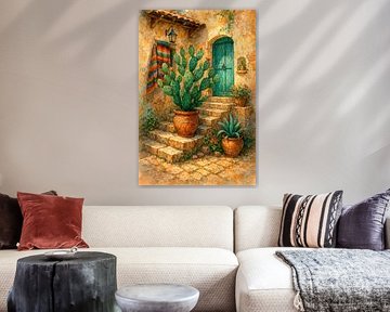Patio ensoleillé au Mexique (AI) (cactus, vieille porte, terre cuite, maison en pierre, escalier, peinture) sur Natalie Bruns