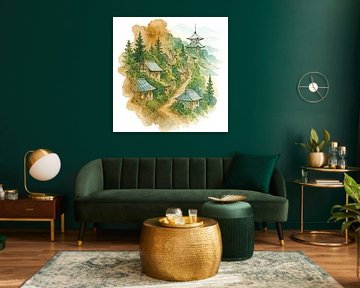 Mountain village in Japan (AI) (temple, pagoda, restful, watercolour, painting, Asia, nature) by Natalie Bruns
