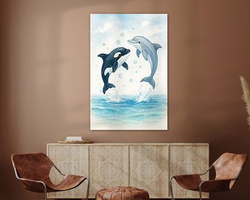Delfin und Orca spielen zusammen im Meer (AI) (Kinderzimmer, glücklich, Aquarell, Gemälde, Tiere) von Natalie Bruns