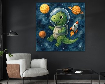 Astronaut Dino in de ruimte (AI) (dinosaurus, kinderkamer, raket, planeten, stoer, schilderij, grappig, Saturnus, Mars, Jupiter, Melkweg, sterren) van Natalie Bruns