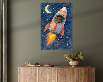 Kleine astronaut in raket (AI) (avontuur, maan, sterren, donkeren huidskleur, nacht, schilderij, jongen, kinderkamer, raketreis, fantasie, heelal) van Natalie Bruns