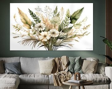 Stilleven van grassen en bloemen tussen wildernis en orde - een boeket van bos en weide in dialoog met het wit van de kamer van AidasignArt