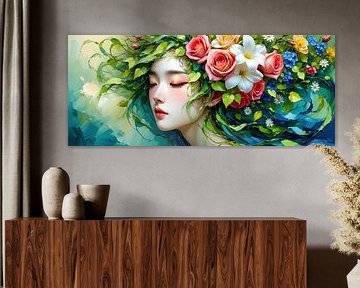 Portrait d'une jeune femme - Entre floraison et silence, en dialogue avec la nature, capturé dans un jeu de couleurs entre calme intérieur et vivacité épanouie