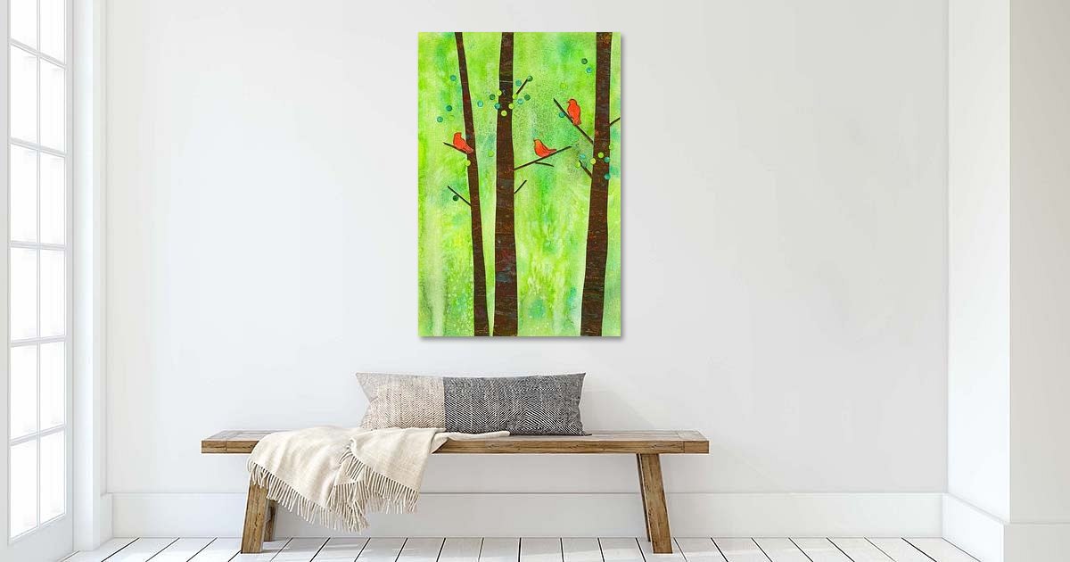 Vögel in einem Sommerwald Papiercollage von Karen Kaspar auf ArtFrame, Leinwand, Poster und mehr | Art Heroes