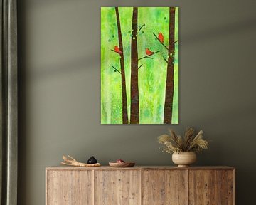 Vögel in einem Sommerwald Papiercollage von Karen Kaspar