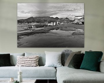 The evening sky is reflected in the harbour - monochrome