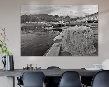 Fishing nets at the harbour of Giardini-Naxos in Sicily - monochrome