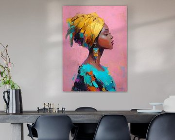 Porträt einer Frau mit gelbem Kopftuch - ausdrucksstarke moderne Kunst voller Farbe und Kraft