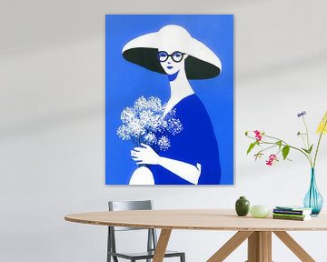 Frau mit Hut und Blumen - elegante minimalistische Mode-Illustration