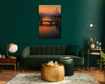 Luik bij schemering - Industriële bruggen in amberkleurige reflectie