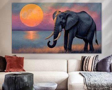 Eléphant solitaire au coucher de soleil majestueux sur A.D. Digital ART