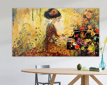 Vrouw aan de Piano in Gouden Kleuren – Romantisch Schilderij van Arjen Roos