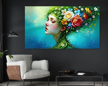 Portrait floral d'une femme rêveuse - Entre silence intérieur et transformation florissante, symbole de l'unité poétique de l'homme et de la nature sur AidasignArt