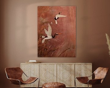 Traditionele Japandi Art: Reigers vliegen boven het riet