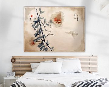 Japandi Art: Traditionele Oosterse kunst: Hibiscus met vlinder