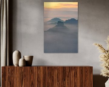 Rocks of Saxon Switzerland shrouded in mist at sunrise by Oliver Preuss