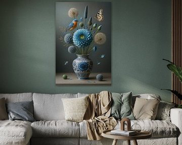 Blue Serenity - Delft Blue Still Life with Bird