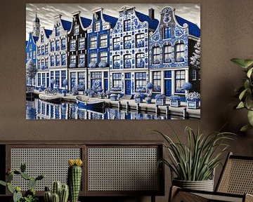Blaue Grachtenstatue - Delfter Stadtbild blau von Kleurenrijk