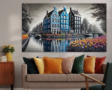 Grachten in Blüte - Delfter Blau Stadtbild mit Tulpen