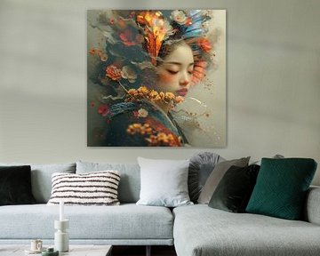 een portret jonge Aziatische vrouw bloemen en vlinders. van J.a Dijkstra