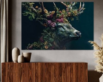 Cerf dans une couronne de fleurs Beauté naturelle et symbolisme sur Eva Lee