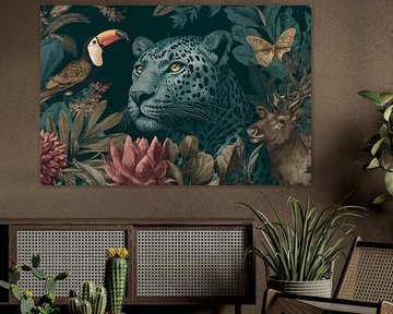 Léopard dans la jungle Harmonie de l'animal et de la feuille sur Eva Lee