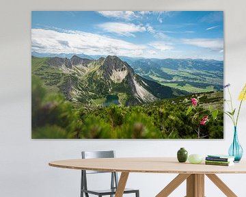 Uitzicht op de lager gelegen Gaisalpsee, de Rubihorn en de Oberallgäu in de Allgäuer Alpen van Leo Schindzielorz