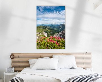 Alpenrozen met uitzicht op Bad Hindelang, Grünten en de Allgäu van Leo Schindzielorz