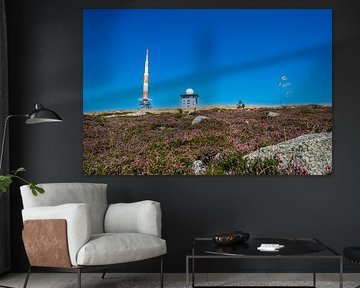 Contraste entre l'ingénierie humaine et la beauté naturelle avec le mât émetteur orange-blanc sur l'emblématique Brocken