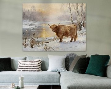 Schottischer Highlander auf dem Fluss Veluwe im Winterlicht von Trinkets NL ✪ Design Studio