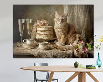 Chat avec gâteau et vaisselle - Peinture d'art romantique