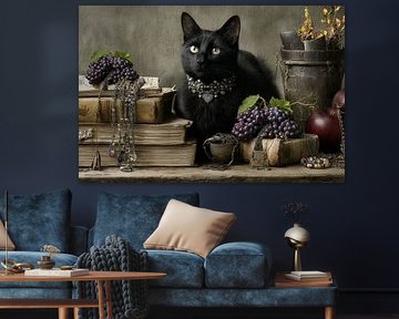 Chat noir avec des perles et des raisins - Œuvre d'art mystérieuse