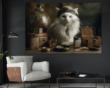 Chat blanc avec objets anciens - Œuvre d'art élégante