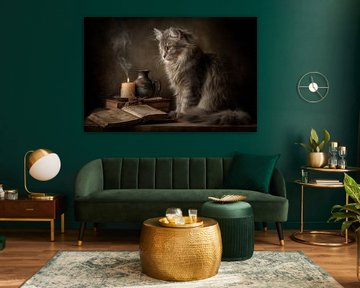 Chat à la lueur d'une bougie - Peinture mystère