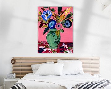 Blumen in grüner Vase - buntes modernes Stilleben mit rosa Hintergrund