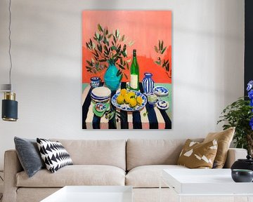 Nature morte aux citrons et aux branches d'olivier - scène méditerranéenne moderne aux couleurs chaudes