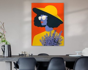 Femme avec chapeau de soleil et lavande - portrait moderne et coloré dans le style pop art